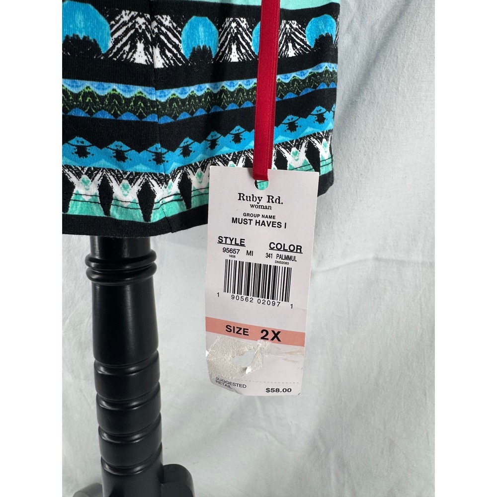 Ruby Rd Woman 2X Floral Knit Top Blue‎ Green Beaded Neck 3/4 Sleeve 95657 NEW - Picture 5 of 7